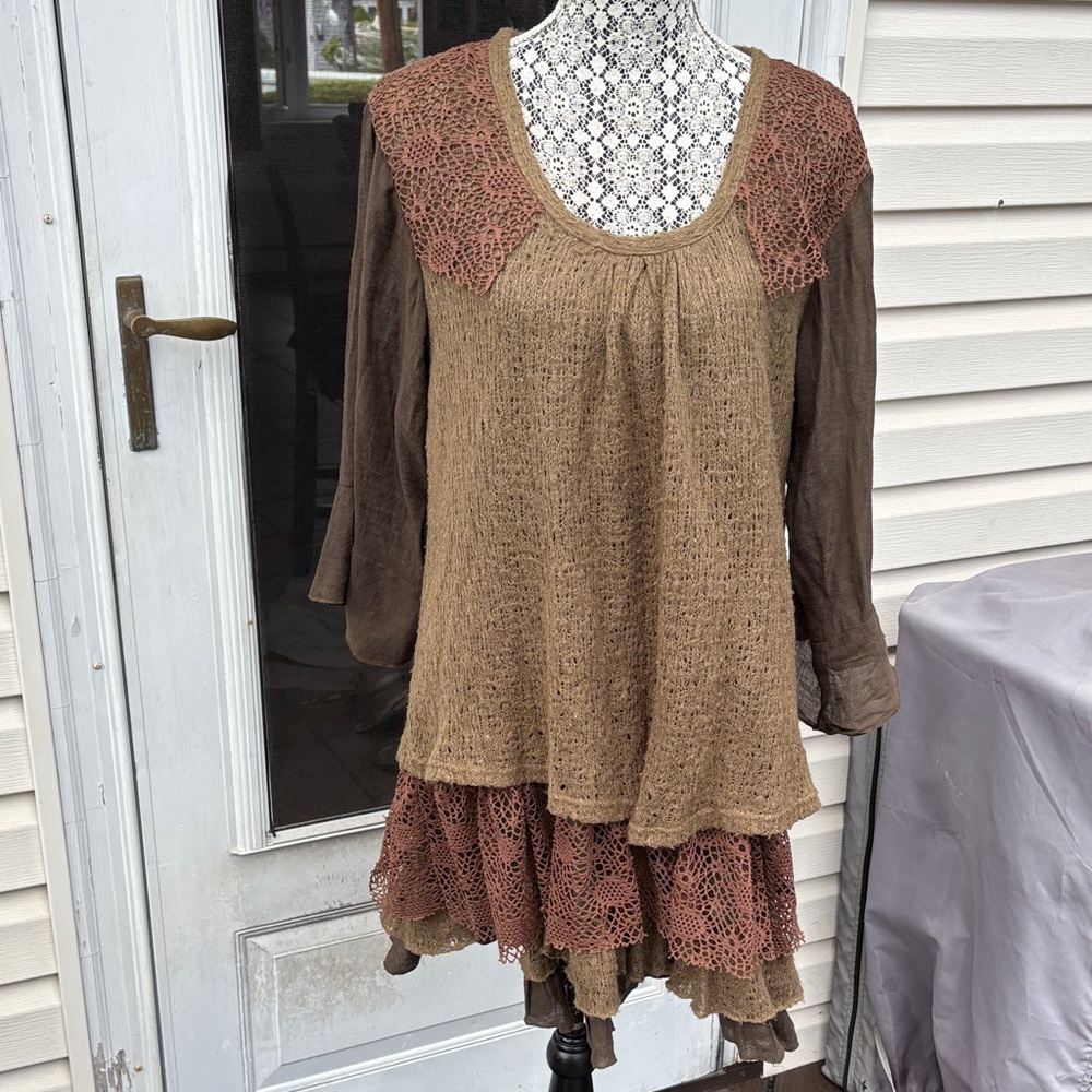 Aria Ladies Brown Tan Long Sleeve Tier Boho Dress-1X